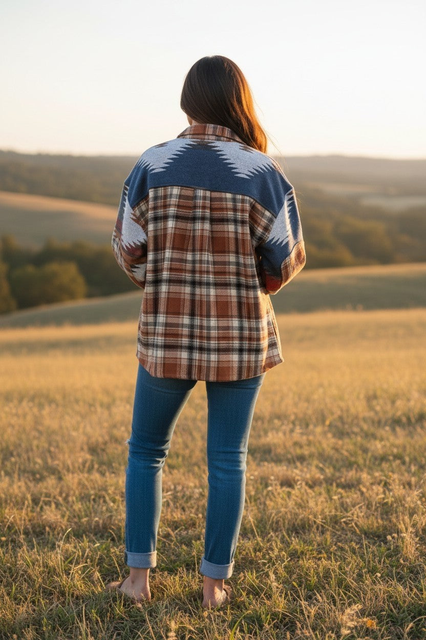 Western Plaid Print Shacket with Elbow Patches