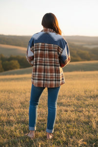 Western Plaid Print Shacket with Elbow Patches