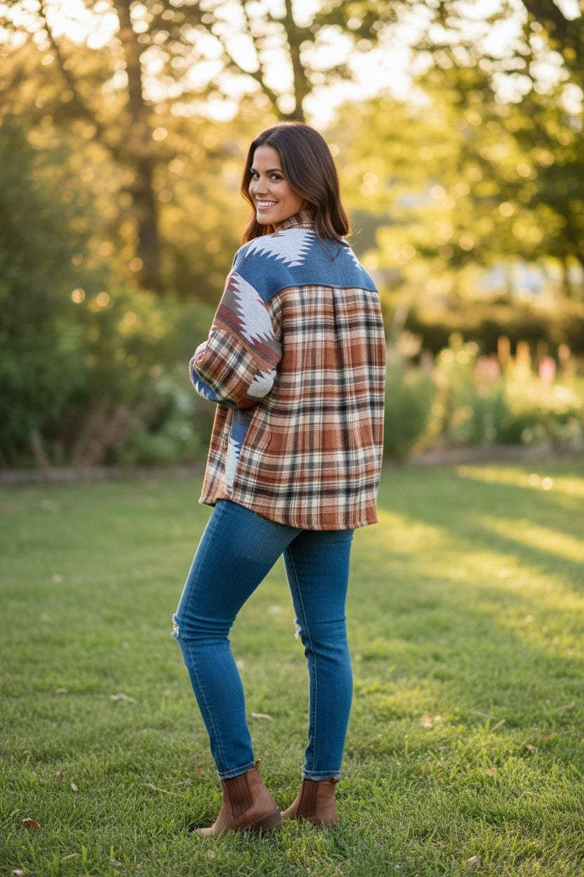 Western Plaid Print Shacket with Elbow Patches