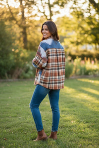 Western Plaid Print Shacket with Elbow Patches