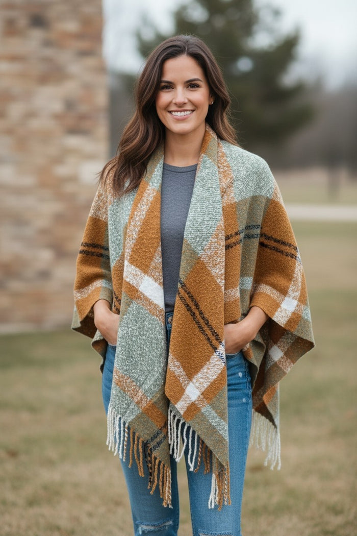 Cozy Waffle Plaid Ruana Wrap