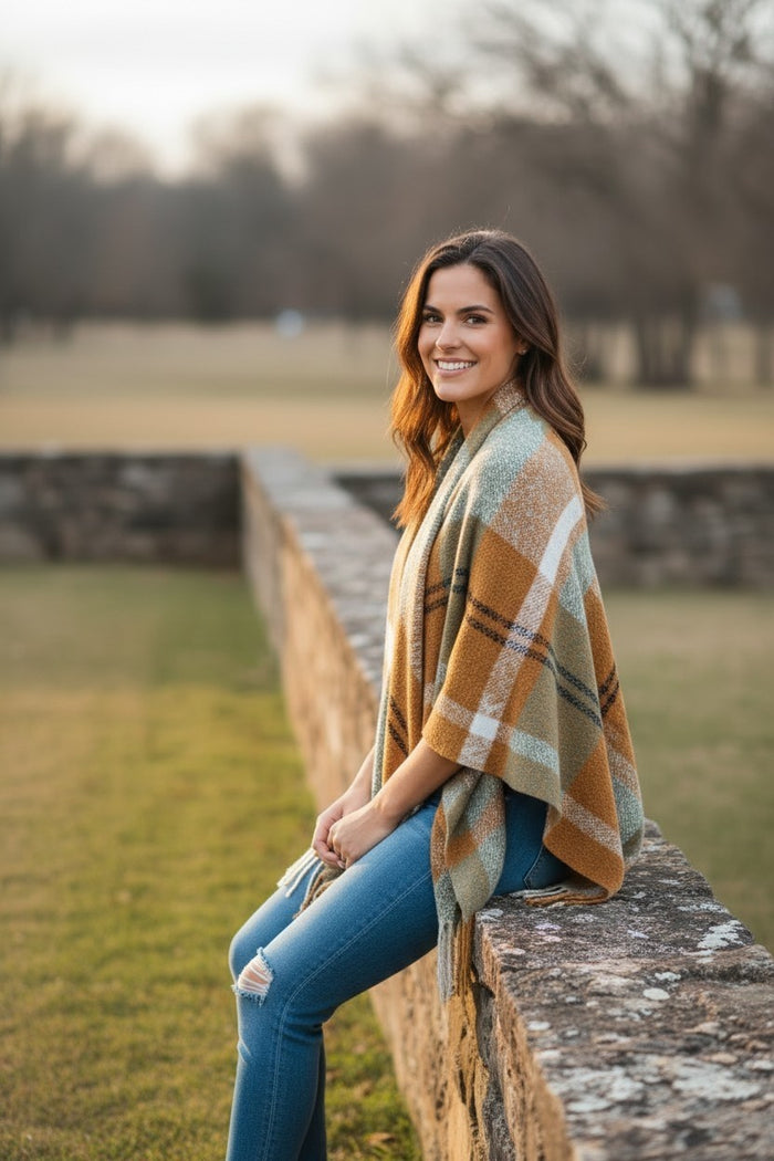 Cozy Waffle Plaid Ruana Wrap