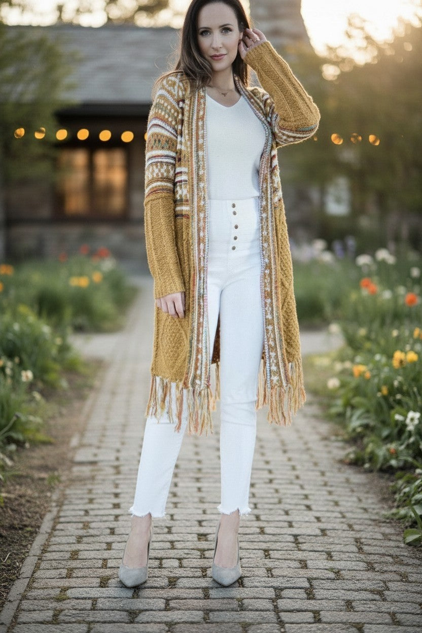 Mustard Tribal Stripe Cardigan with Fringe