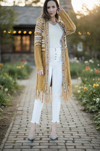 Mustard Tribal Stripe Cardigan with Fringe