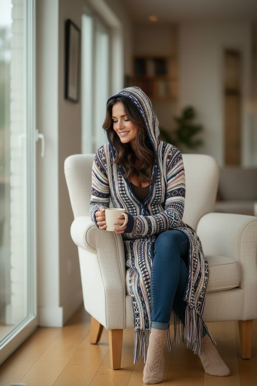 Tribal Stripe Cardigan with Fringe & Hood