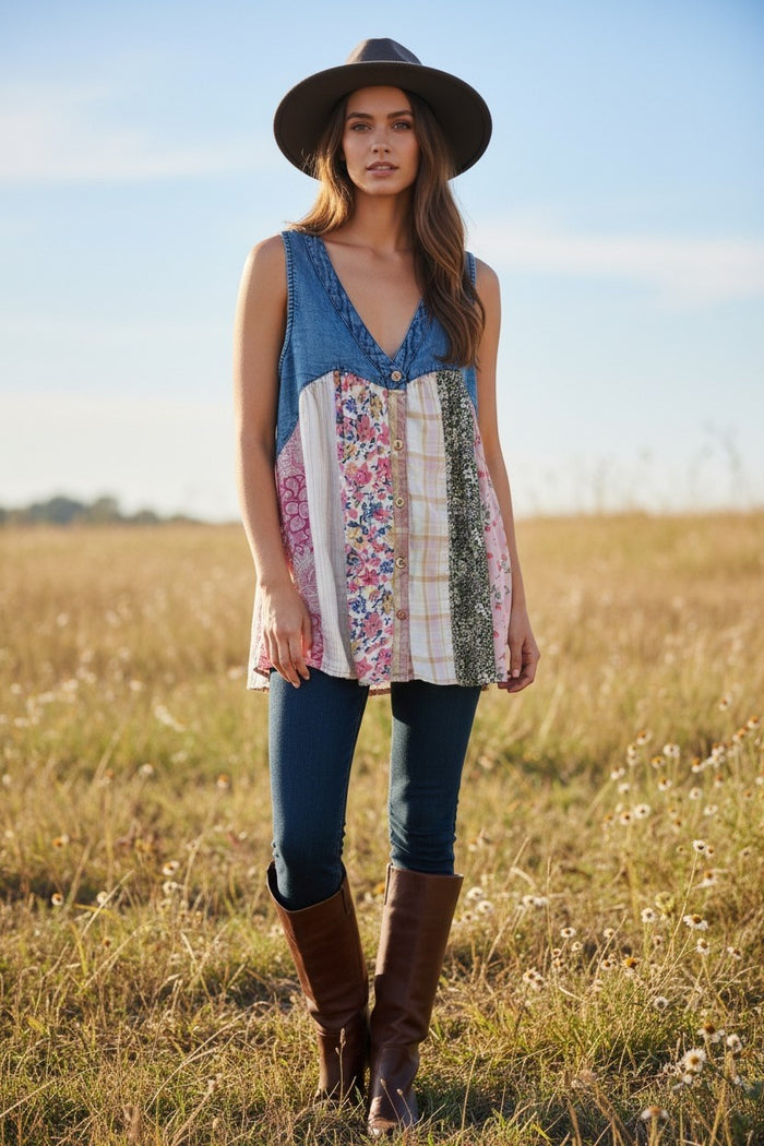 Denim & Patchwork V-Neck Tank Top