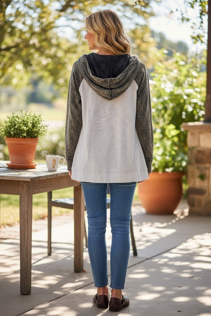 Vintage Washed Hooded Open-Front Sweater Jacket