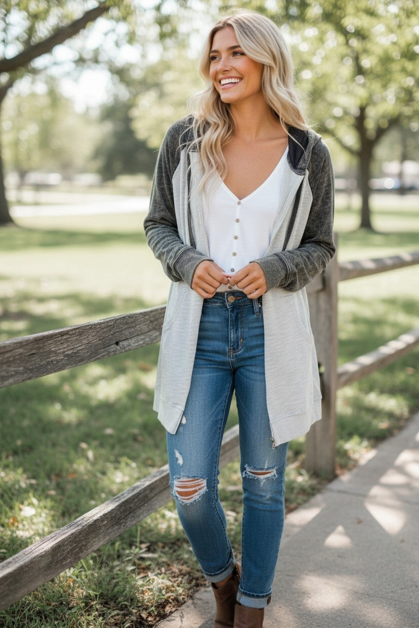 Vintage Washed Hooded Open-Front Sweater Jacket