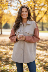 Oatmeal & Rust Button-Up Over-Shirt