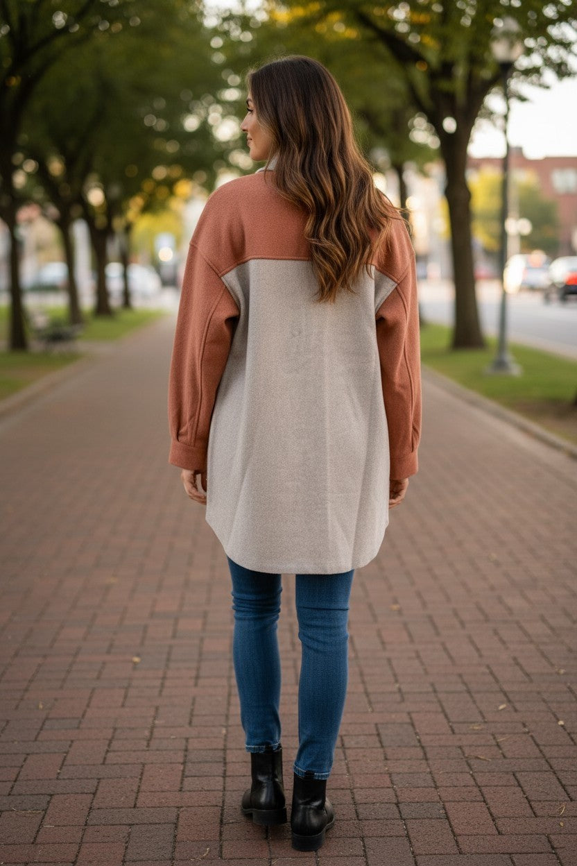 Oatmeal & Rust Button-Up Over-Shirt