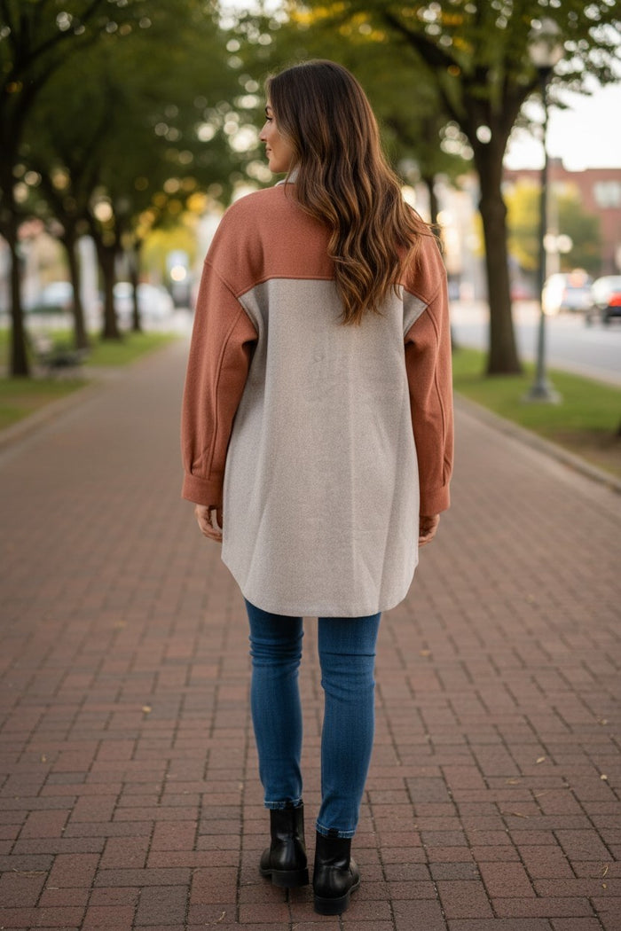Oatmeal & Rust Button-Up Over-Shirt
