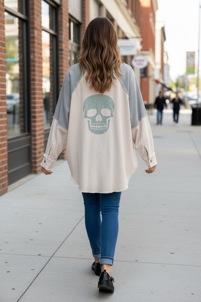 Raw Hem Corduroy Over-Shirt with Skull Appliqué