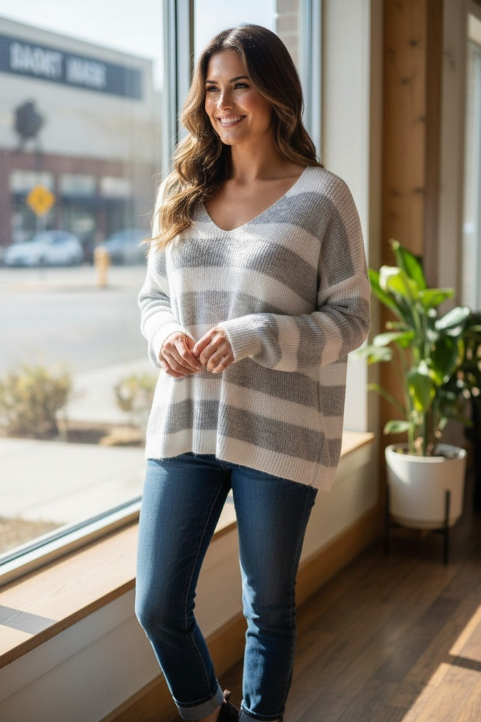 Grey & White Striped Cozy Sweater