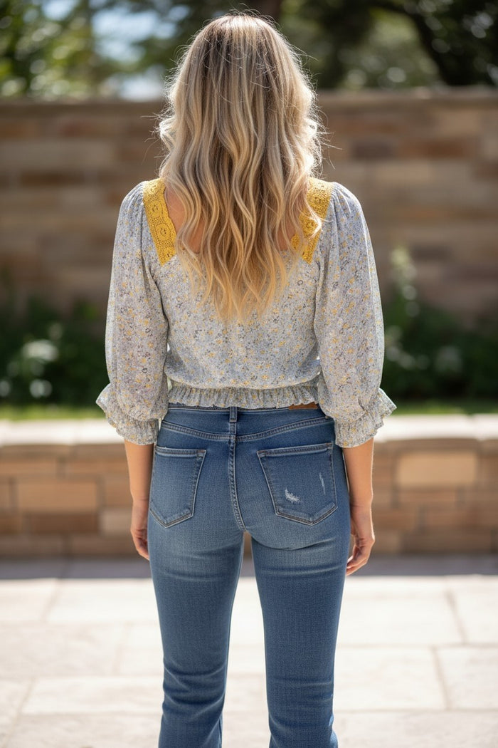 Yellow & Grey Flowered Top with Lace Trimming