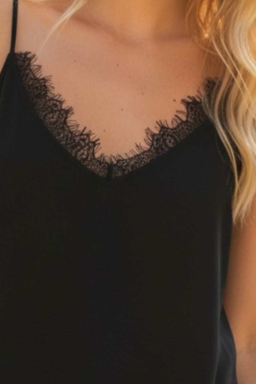 Black Tank with Lace Fringe Neckline
