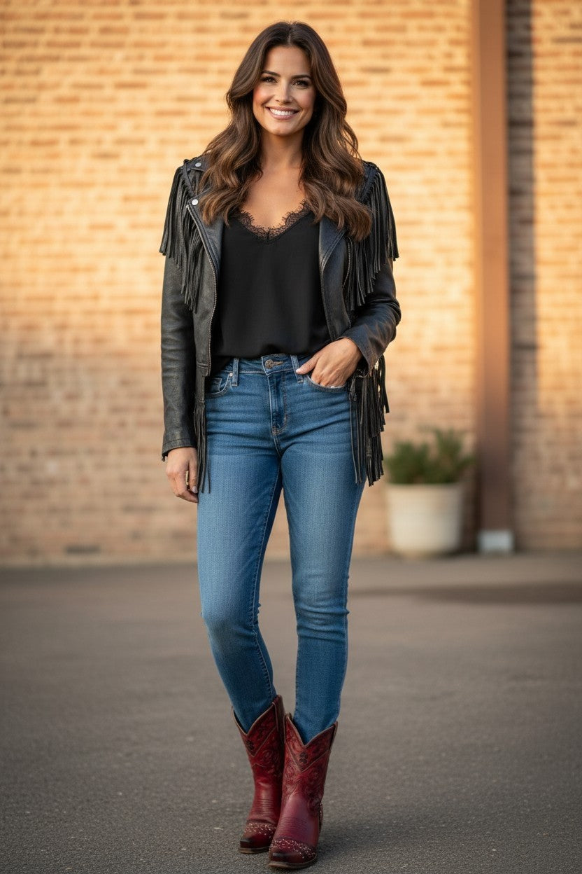Black Tank with Lace Fringe Neckline