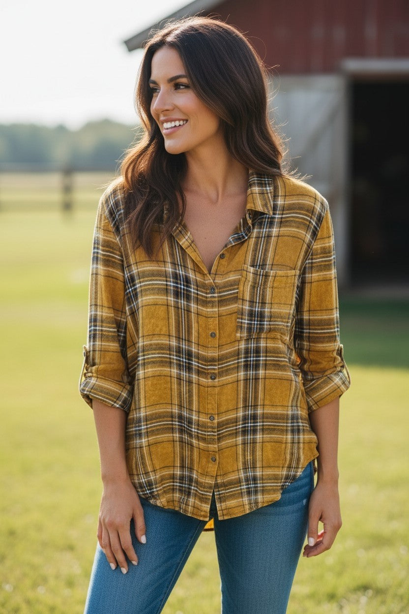Pumpkin Plaid Button-Up Shirt