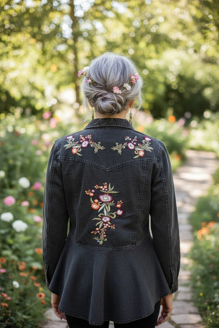 Denim Top with Embroidery and Peplum Back