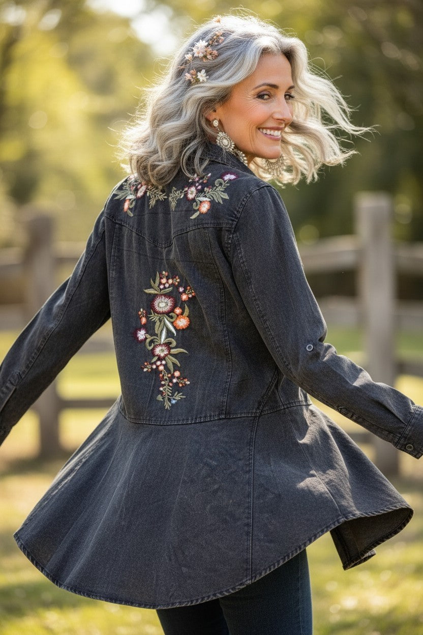 Denim Top with Embroidery and Peplum Back