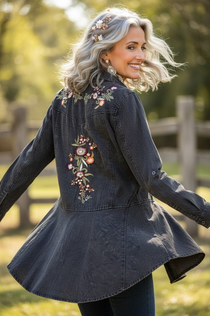 Denim Top with Embroidery and Peplum Back