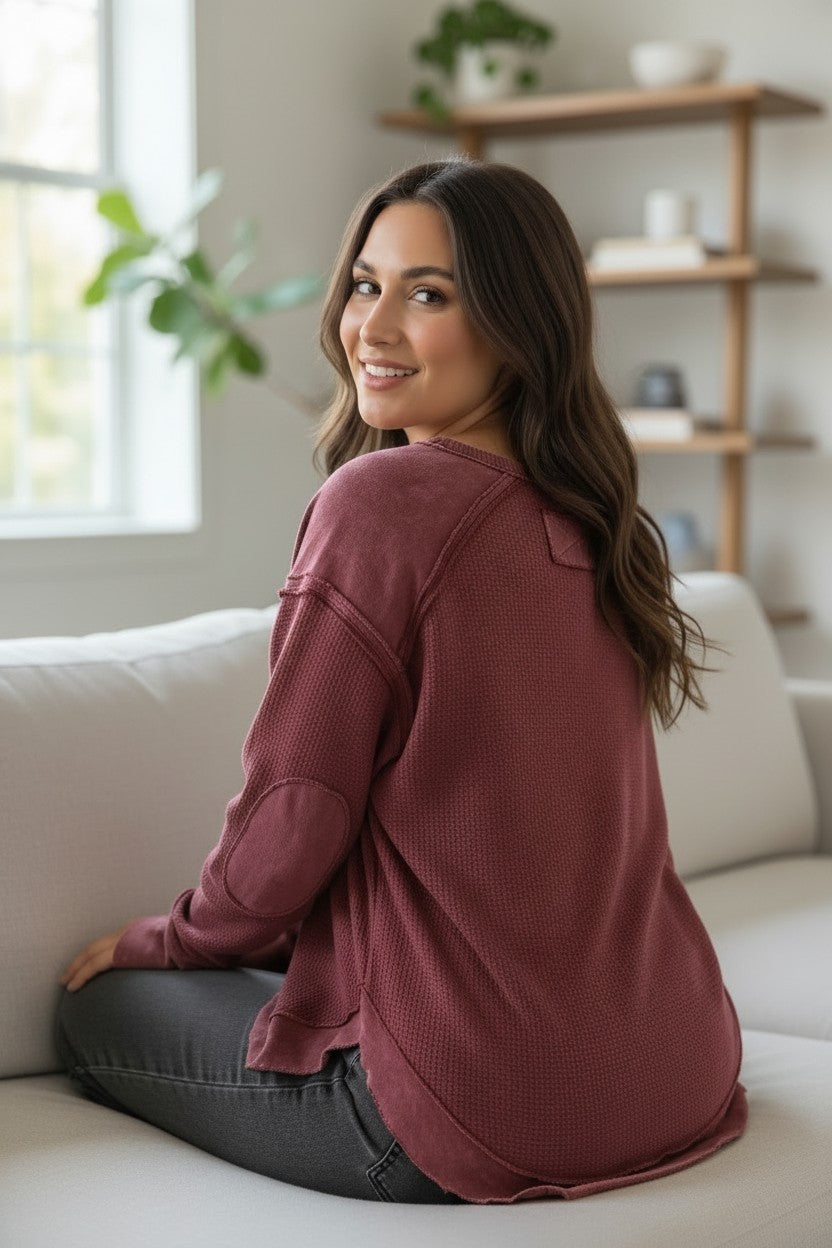Textured Burgundy Top with Elbow Patches