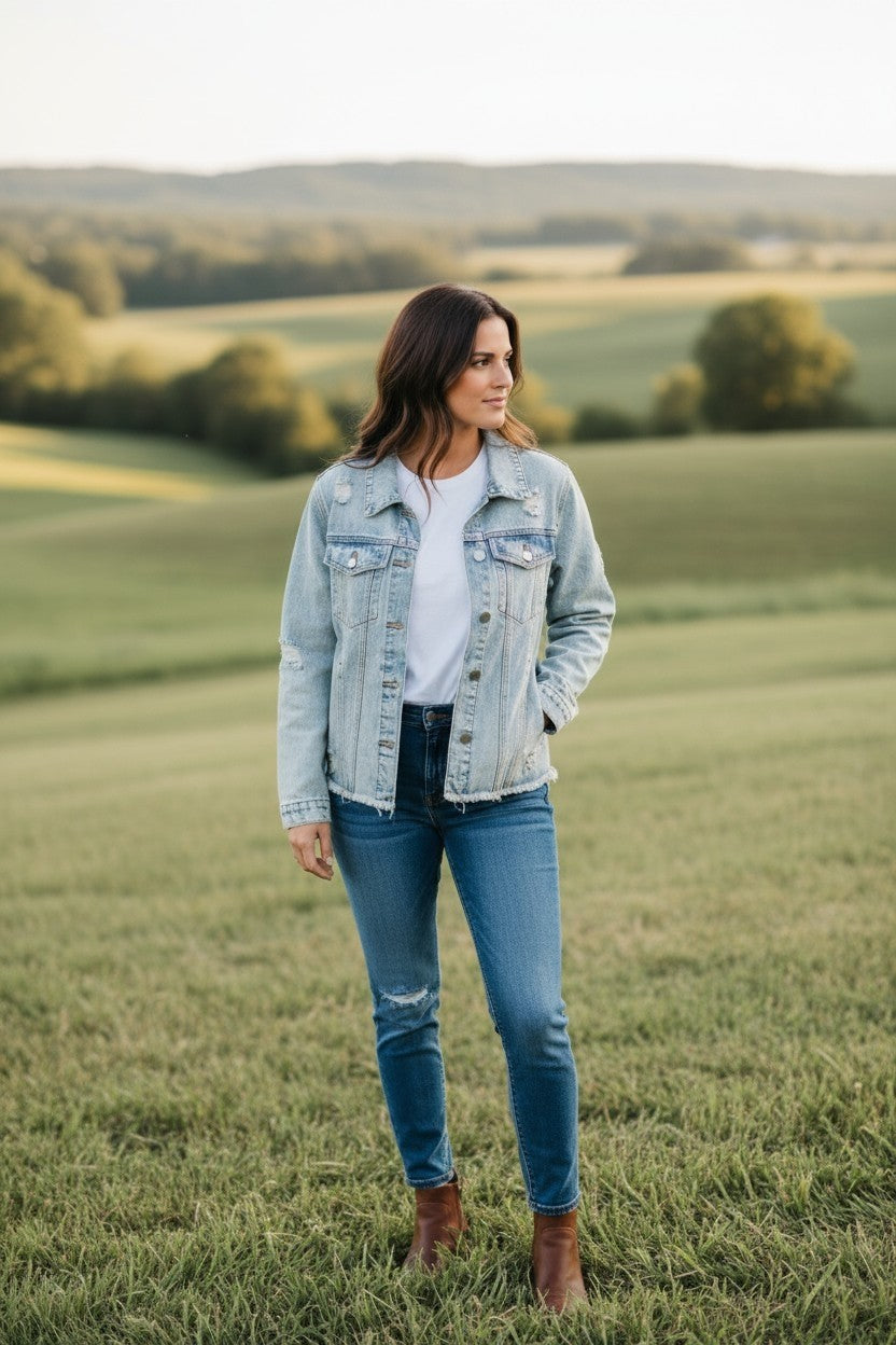 Distressed Raw Hem Denim Jacket