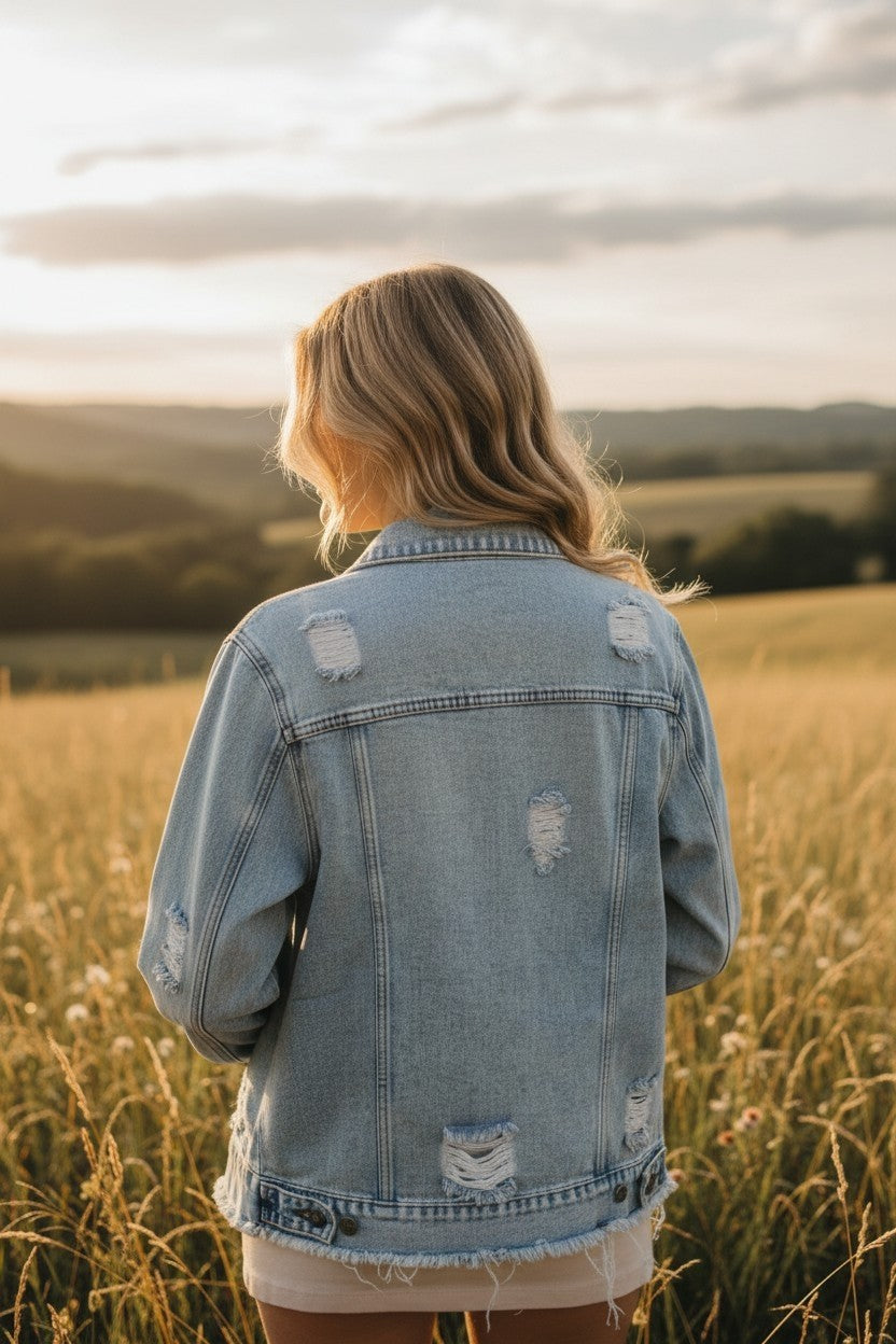 Distressed Raw Hem Denim Jacket