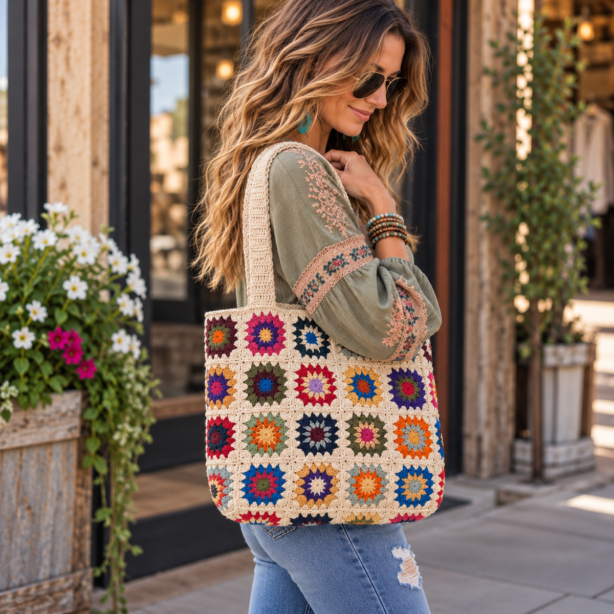 woman holding a crochet tote bag by Rising International