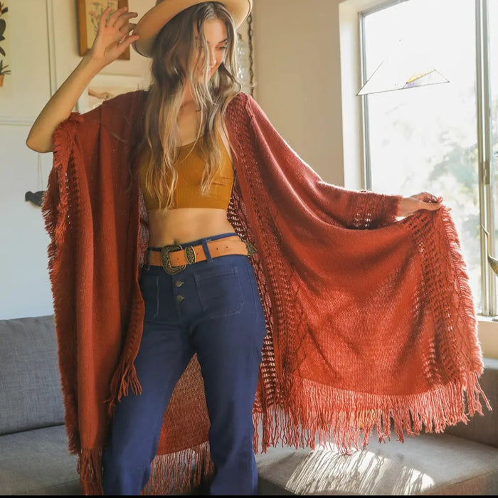 Open Work Frayed Border Bohemian Ruana