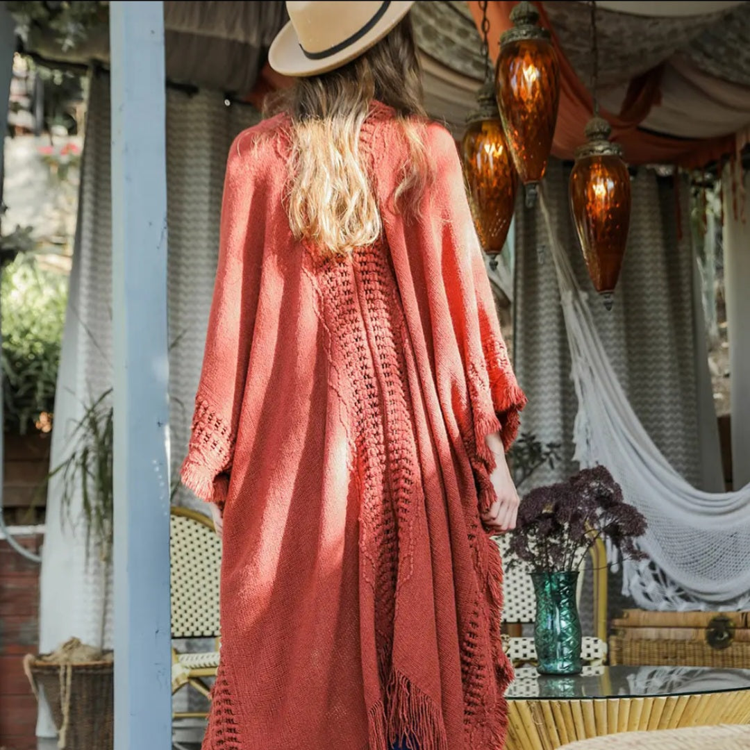 Open Work Frayed Border Bohemian Ruana