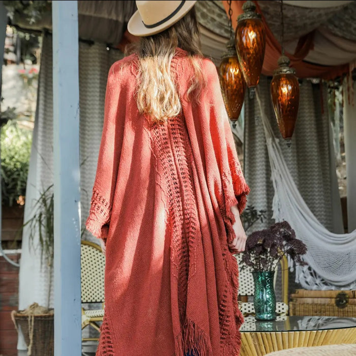 Open Work Frayed Border Bohemian Ruana