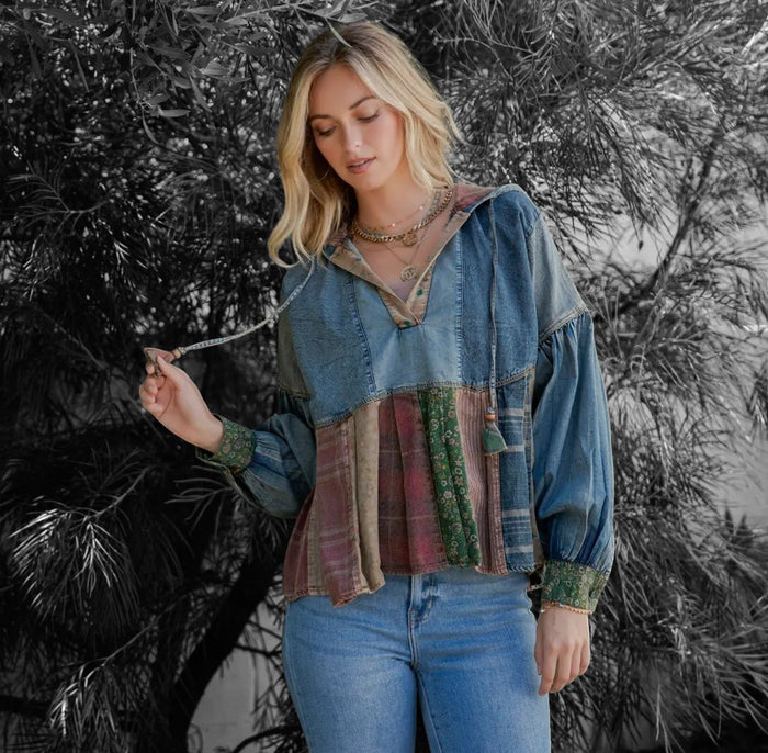 Vintage Denim Hoodie with Patchwork