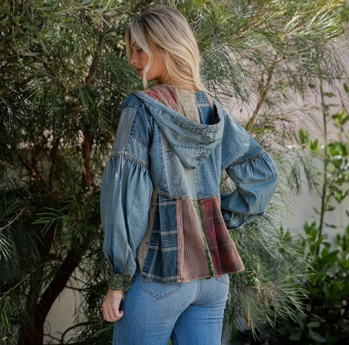 Vintage Denim Hoodie with Patchwork