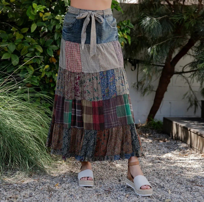 Boho Patchwork Belted Skirt