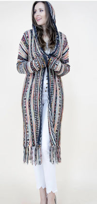 Tribal Stripe Cardigan with Fringe & Hood