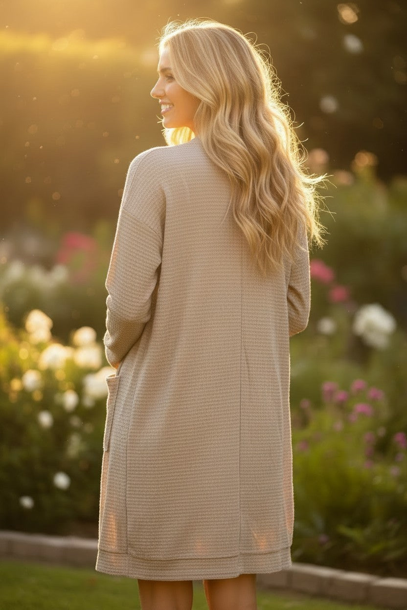 Casual Waffle Textured Open Front Cardigan