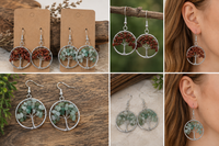 Six-panel collage showing tree-of-life dangle earrings in multiple views: hanging on brown display cards, worn on a person's ear, and photographed on wood and fabric backgrounds. The earrings have silver-tone circular frames with small dried botanical elements in warm rust tones and pale green leaf clusters.