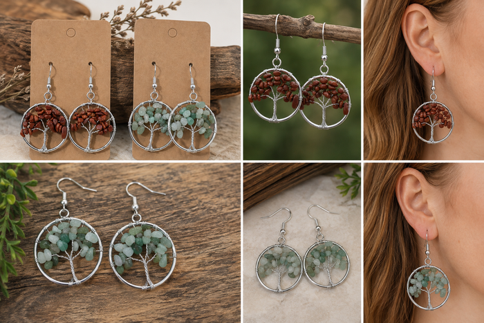 Six-panel collage showing tree-of-life dangle earrings in multiple views: hanging on brown display cards, worn on a person's ear, and photographed on wood and fabric backgrounds. The earrings have silver-tone circular frames with small dried botanical elements in warm rust tones and pale green leaf clusters.