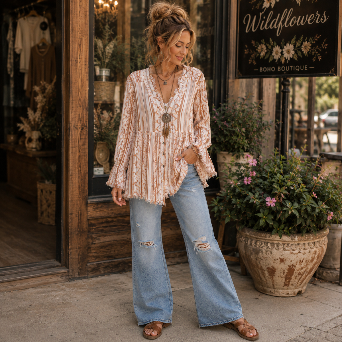 A woman stands on a sidewalk in front of a boutique storefront, wearing a bohemian-style long-sleeve lace blouse with vertical stripes in beige, pink, and white, paired with light-wash distressed flare jeans and brown sandals.