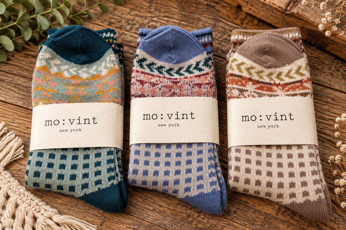 Three pairs of folded knit socks with patterned tops and checkerboard lower sections, each wrapped with a paper band reading 'mo:vint new york,' arranged on a rustic wooden surface with decorative dried flowers and greenery.
