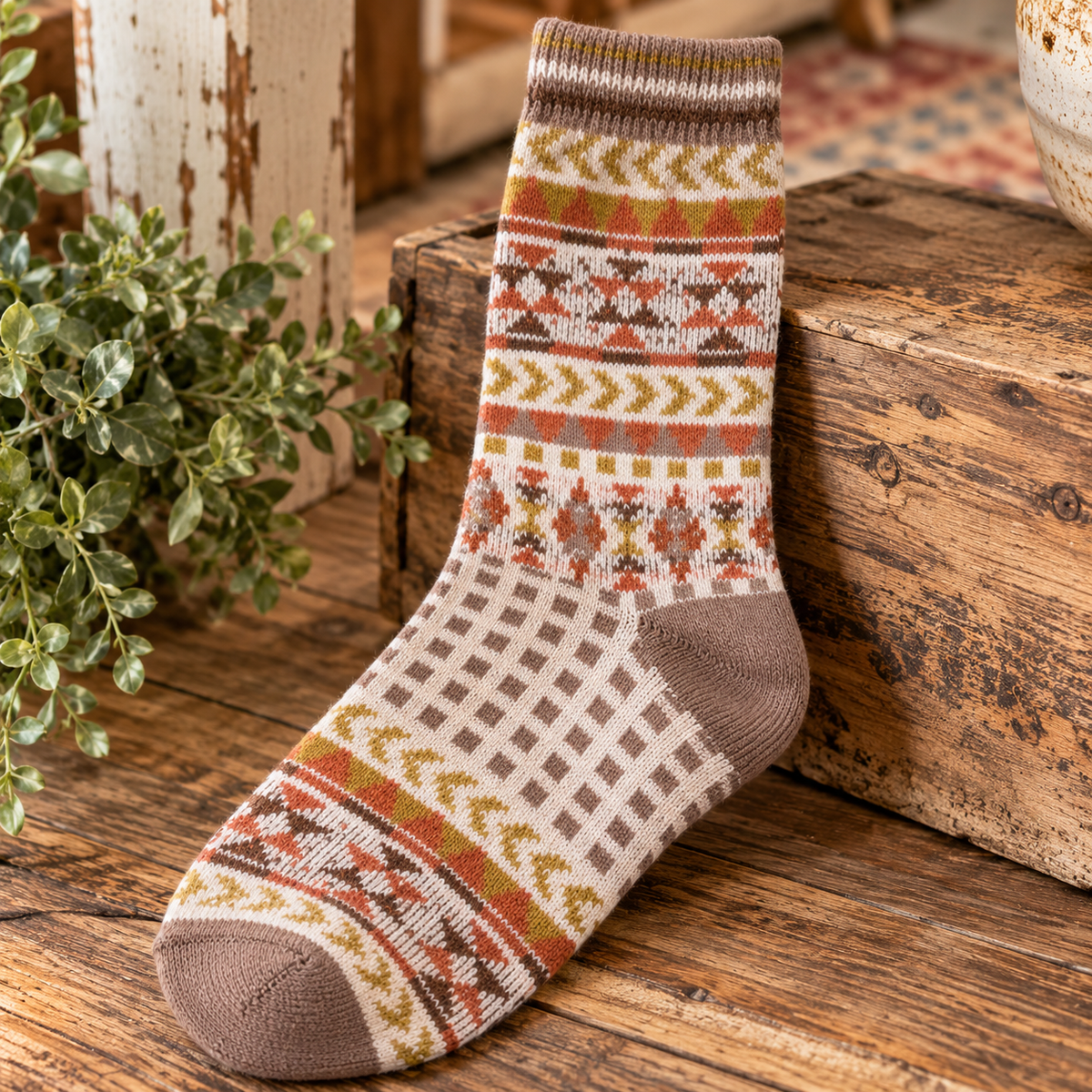A single knit sock with a multicolor Fair Isle pattern in brown, beige, orange, and yellow, displayed on a rustic wooden surface next to a wooden crate and green foliage.