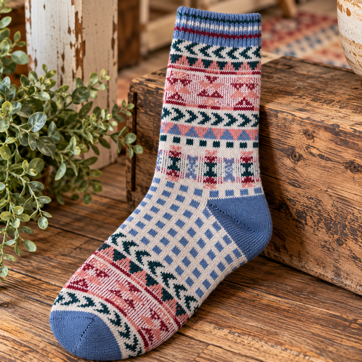 A single crew sock with a multicolor Fair Isle pattern in blue, pink, and cream, displayed on a rustic wooden block with a potted plant in the background.