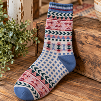 A single crew sock with a multicolor Fair Isle pattern in blue, pink, and cream, displayed on a rustic wooden block with a potted plant in the background.