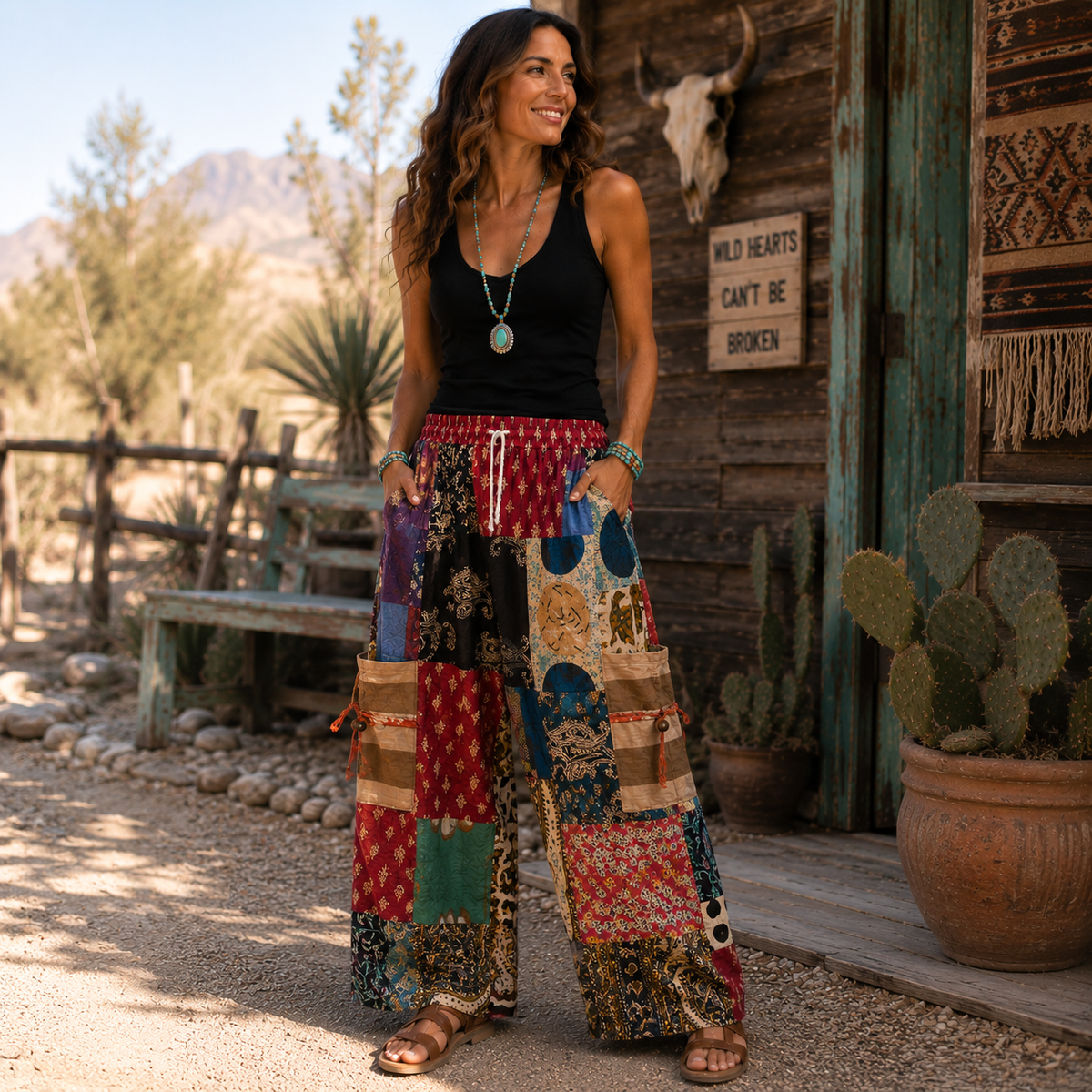 Lady wearing patched Palazzo Pants, paired with a simple black tank top, sandals, and some turquoise jewelry