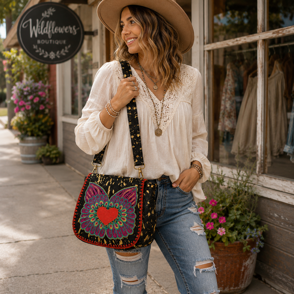 A woman wearing a wide-brim tan hat, a cream lace-trim blouse, and distressed blue jeans stands on a sidewalk outside a boutique, carrying a black shoulder bag with a colorful beaded heart design. A 'Wildflowers Boutique' sign is visible on the left.