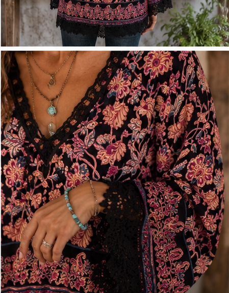 A close-up of a bohemian-style black blouse with a vibrant pink, orange, and purple floral print, featuring black lace trim along the V-neckline and sleeves. The top of the image shows a wider view of the garment on a model, while the bottom focuses on the detailed pattern and lace sleeve.