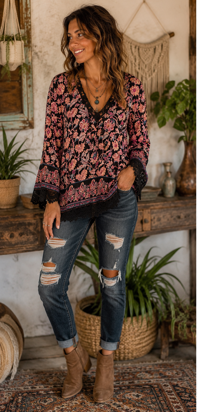 A woman modeling a bohemian-style floral long-sleeve blouse with black lace trim, paired with distressed blue jeans and brown ankle boots, standing in a rustic room decorated with plants and a macrame wall hanging.