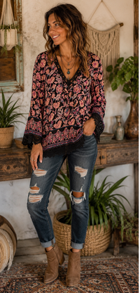 A woman modeling a bohemian-style floral long-sleeve blouse with black lace trim, paired with distressed blue jeans and brown ankle boots, standing in a rustic room decorated with plants and a macrame wall hanging.