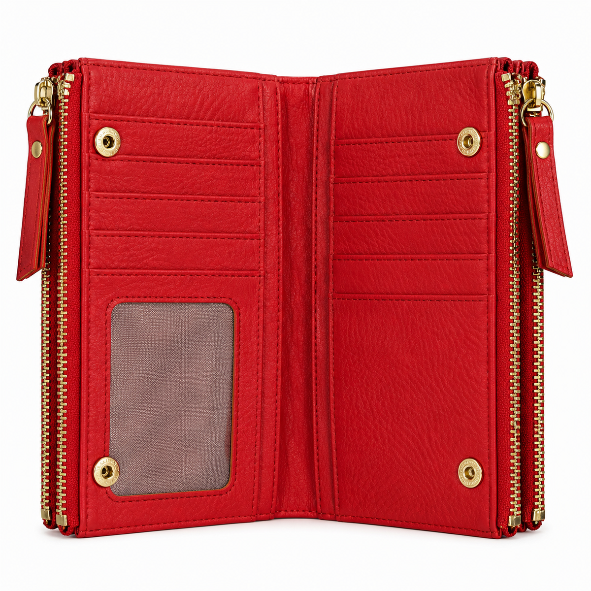An open red leather wallet with gold-tone hardware, featuring multiple card slots, a clear ID window, and a zip-around closure on a white background.