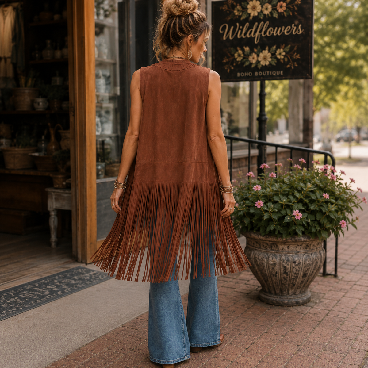 A woman stands on a brick sidewalk in front of a boutique, viewed from behind. She is wearing a sleeveless rust-brown suede-like fringe tunic or vest over light blue wide-leg jeans.